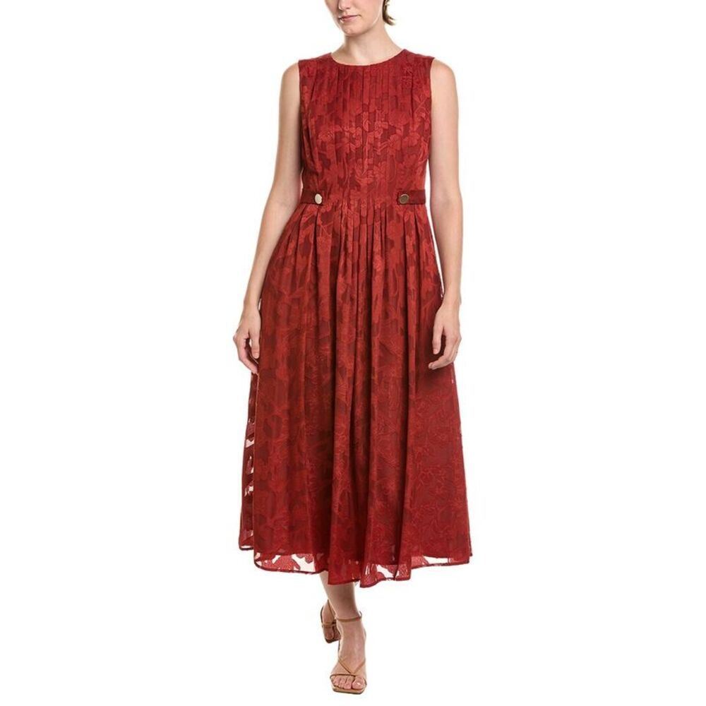 Anne Klein Womens  Pleated Neckline A-Line Midi Dress, Brown